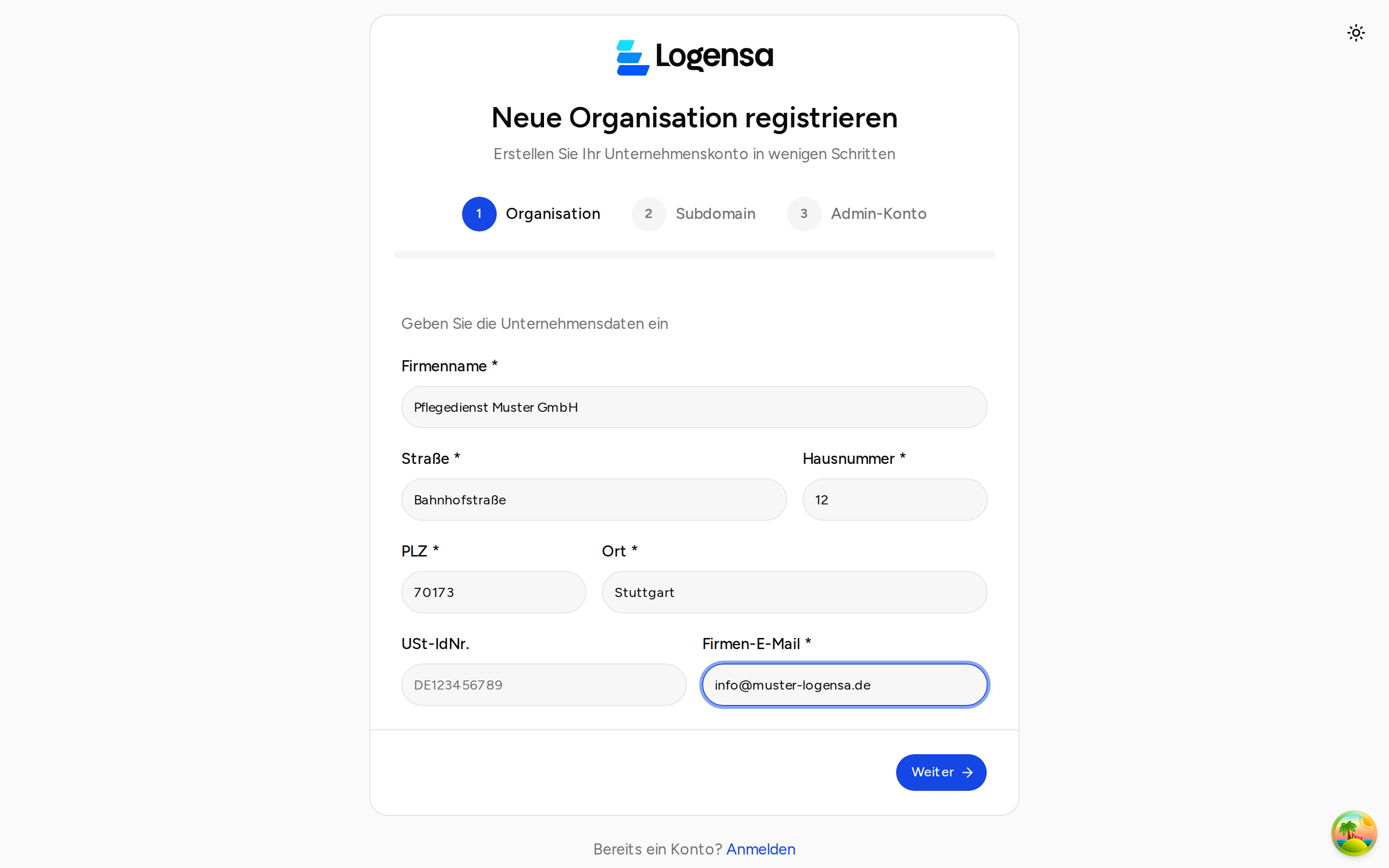 Registrierung Schritt 1 — Unternehmensdaten