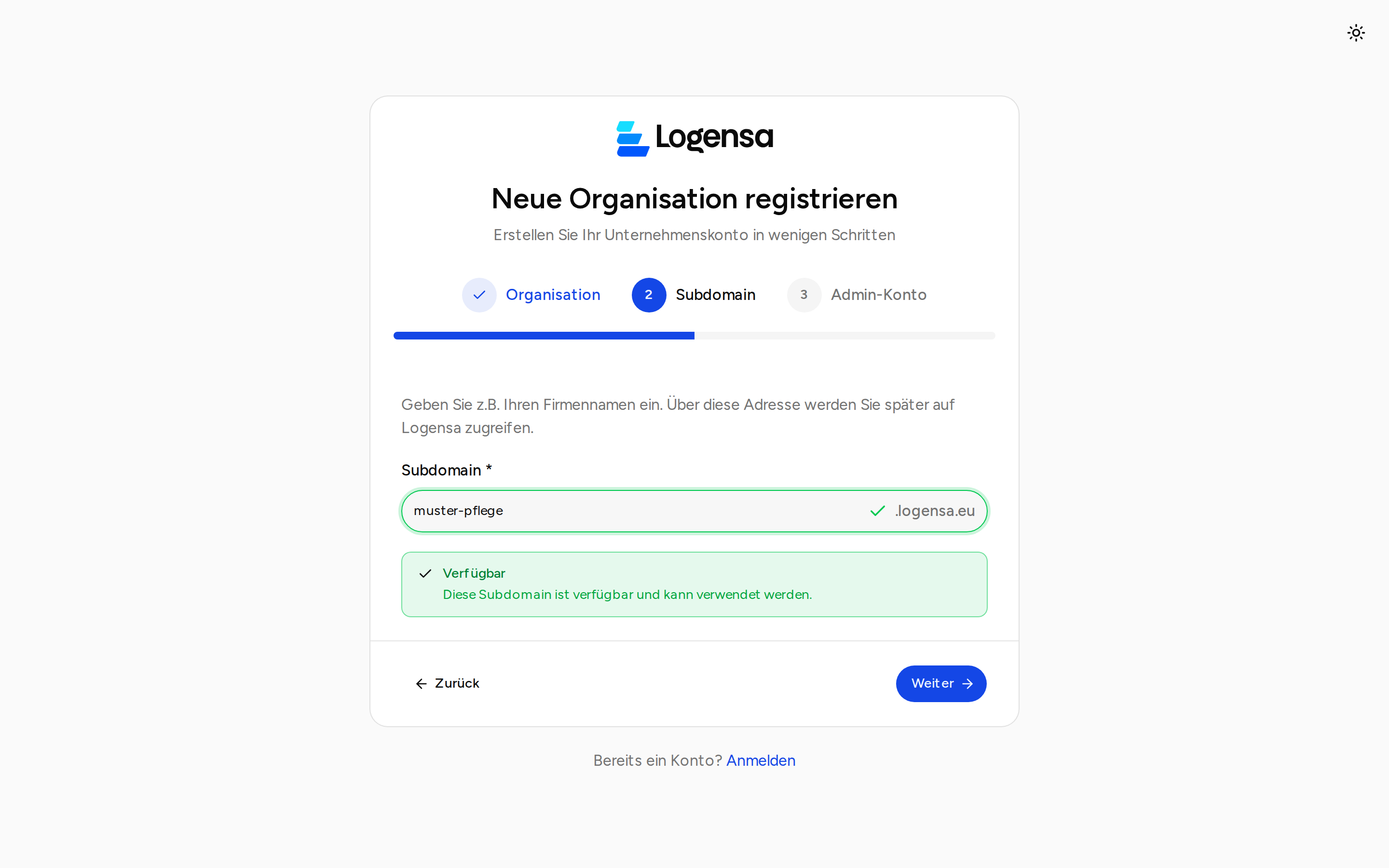 Registrierung Schritt 2 — Subdomain wählen mit Verfügbarkeitsprüfung