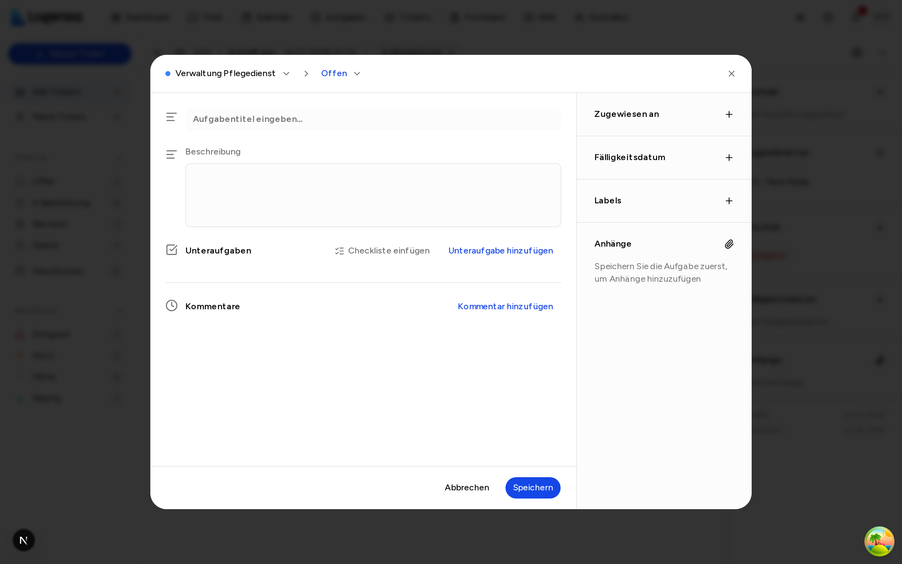 Dialog „Neue Aufgabe erstellen" aus dem Ticket