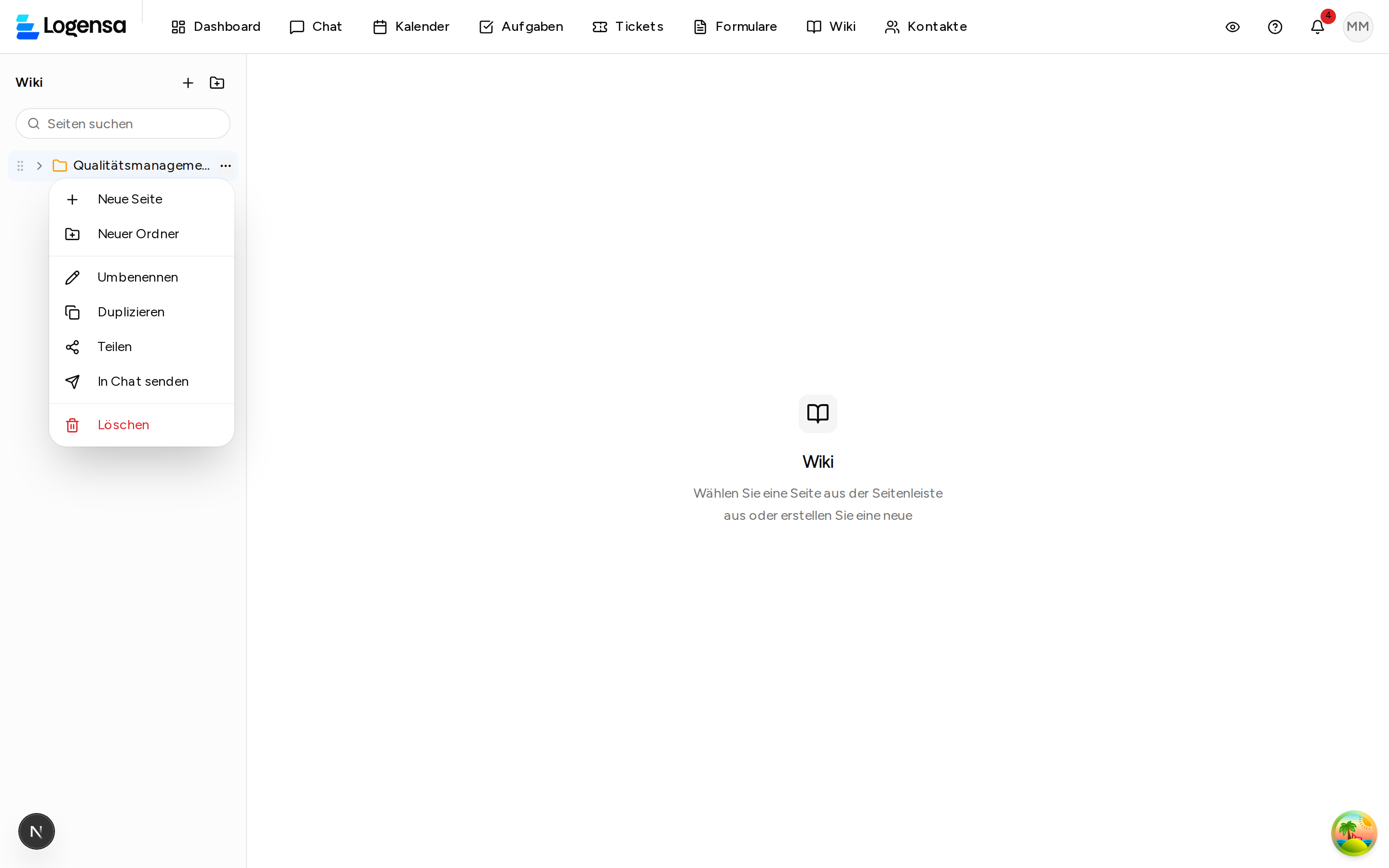 Kontextmenü einer Wiki-Seite