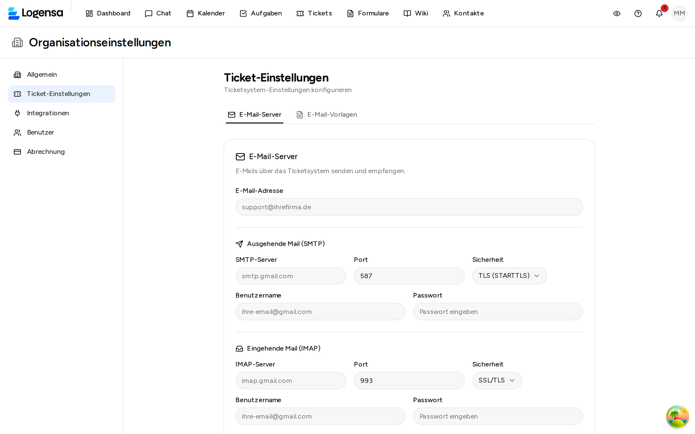 Ticket-Einstellungen mit E-Mail-Server-Konfiguration