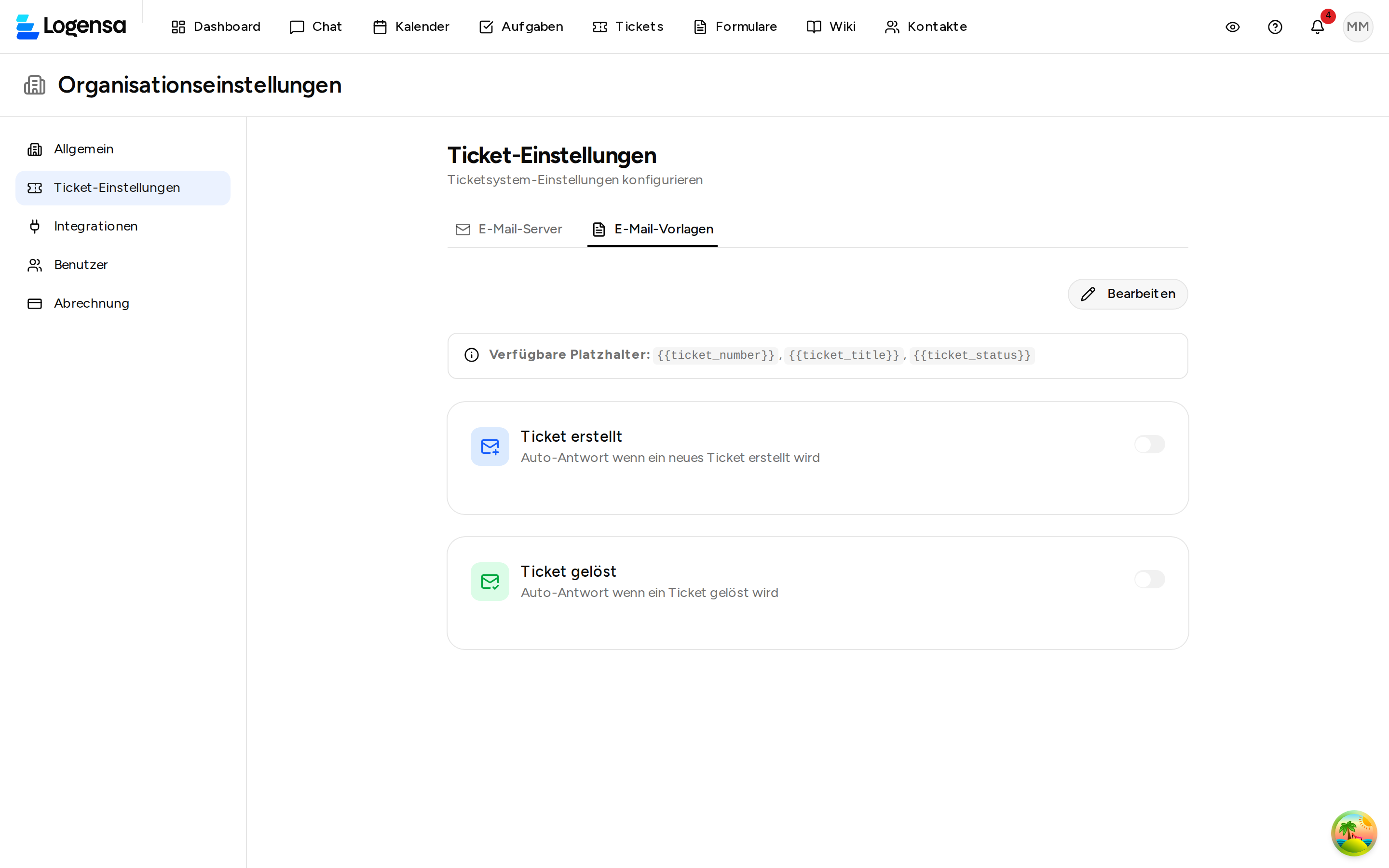 E-Mail-Vorlagen in den Ticket-Einstellungen