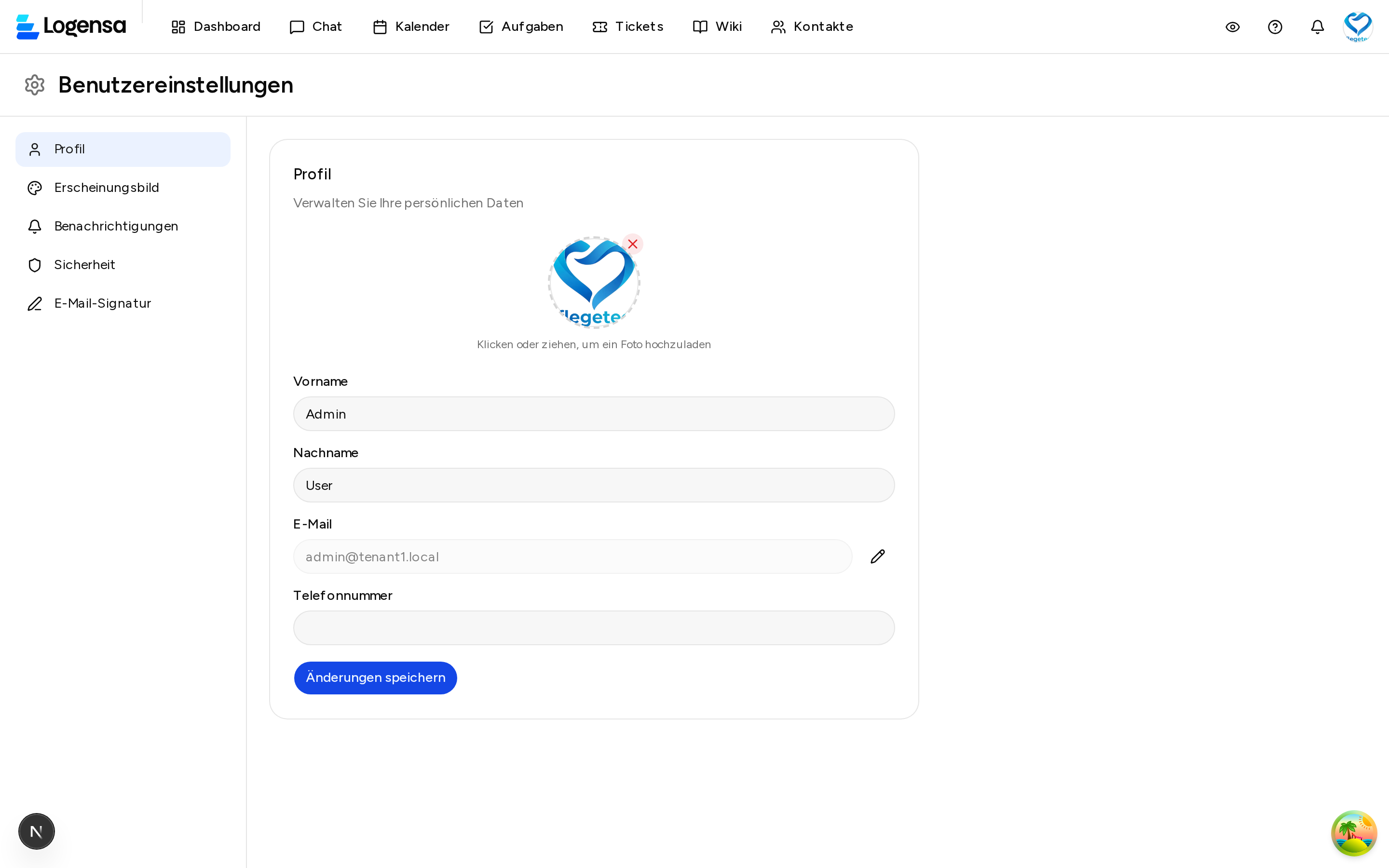 Persönliche Einstellungen mit Sicherheits-Bereich