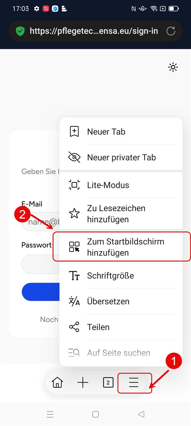 Android-Browser mit geöffnetem Menü, „Zum Startbildschirm hinzufügen" ist markiert