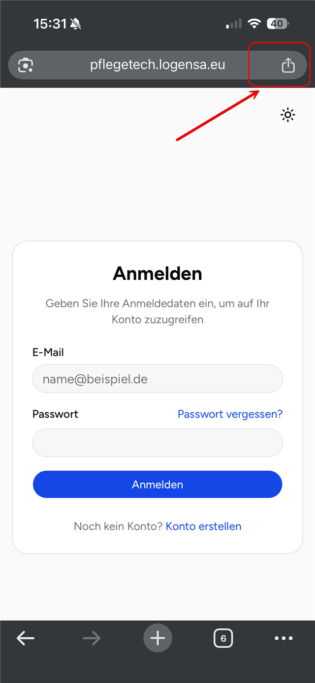 Browser mit geöffneter Logensa-Seite, das Teilen-Symbol oben rechts ist markiert