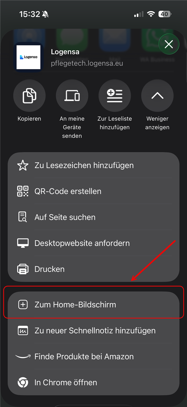 Das Teilen-Menü, der Eintrag „Zum Home-Bildschirm" ist markiert